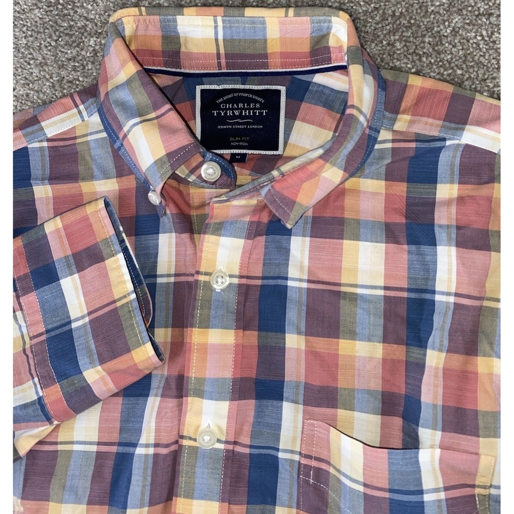 Charles‎ Tyrwhitt Colorful Plaid Slim Fit Non Iron Shirt Mens M Preppy Cotton